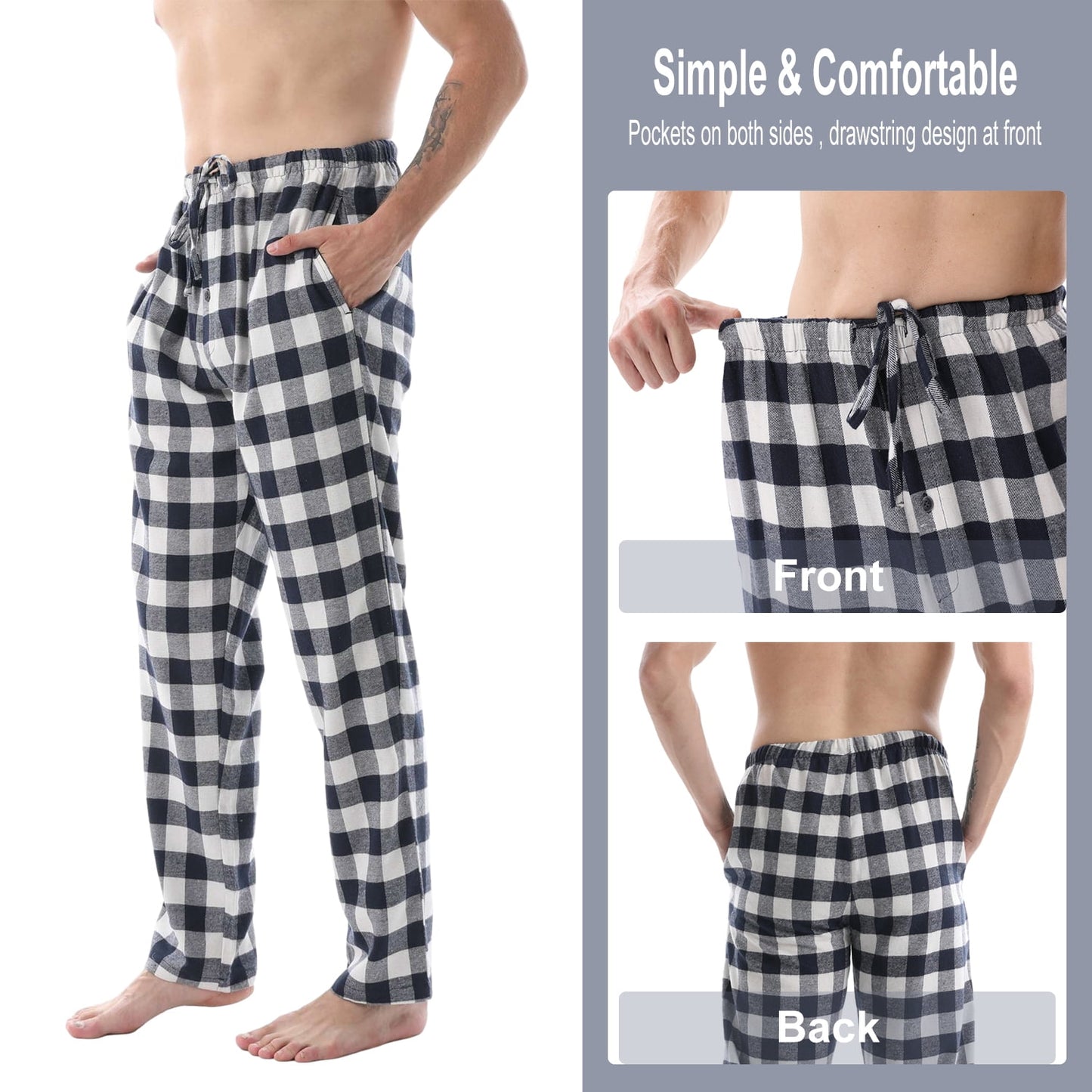 LANBAOSI 2 Pack Men's Flannel Plaid Pajama Pants Lounge PJ Bottoms