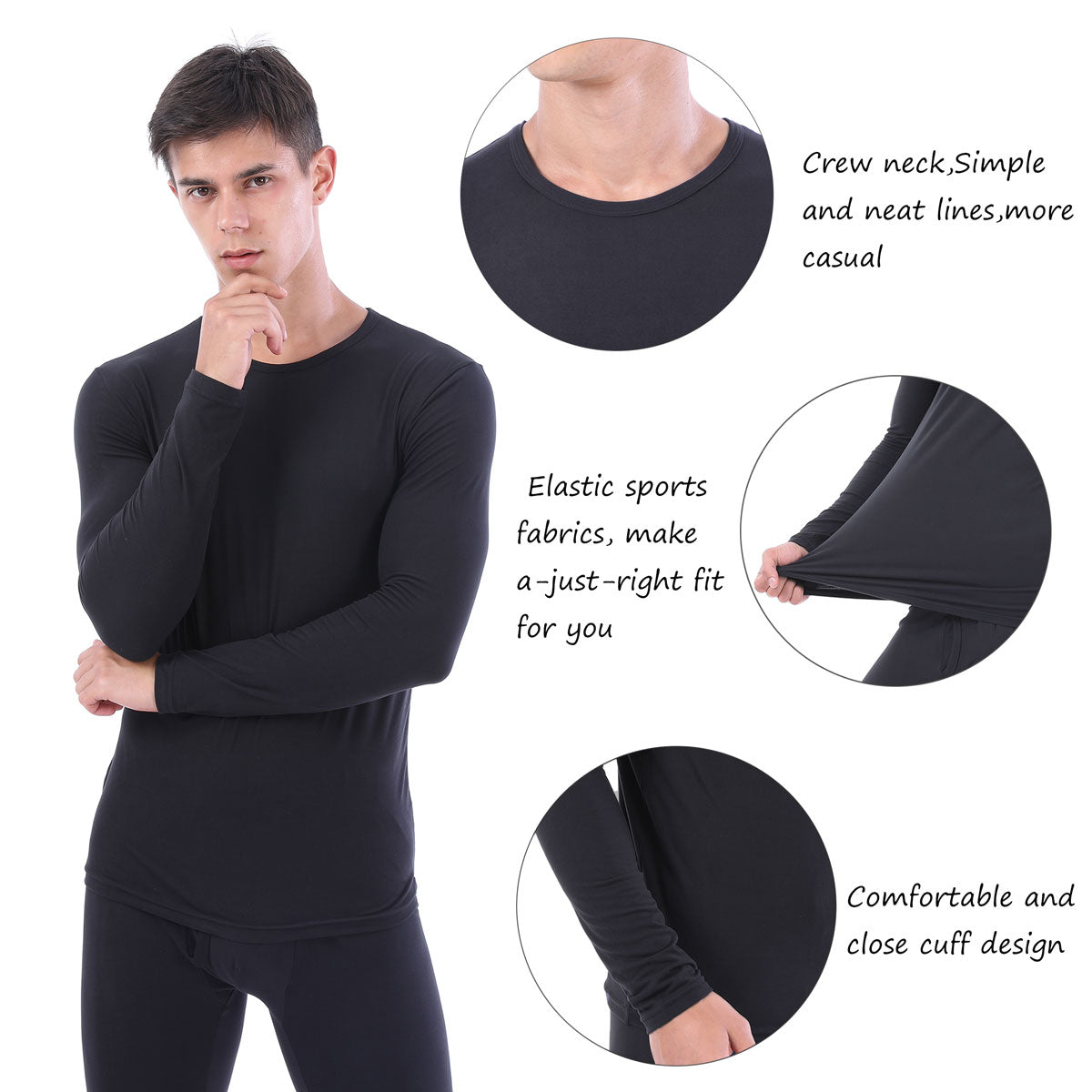 2 Pack Men Thermal Underwear Top Crew Neck Male Long Johns Shirts Size 2XL LANBAOSI