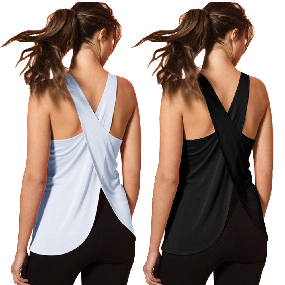 2 Packs Loose Fit Women Sleeveless Yoga Shirts Cross Cut Summer Tank Tops LANBAOSI