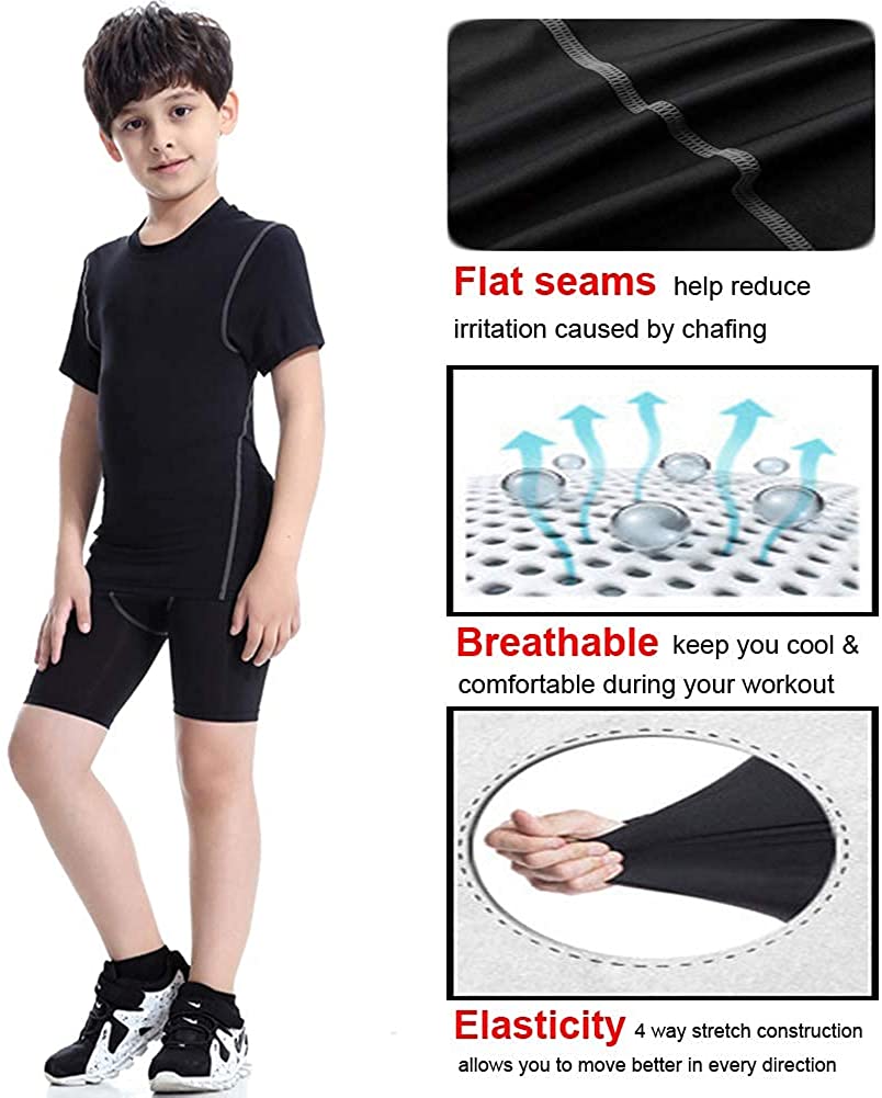 Boy's 3 Pack Dry Fit Sport Short Sleeve T-Shirt Unisex Compression Tshirt Tee Shirt Tops LANBAOSI