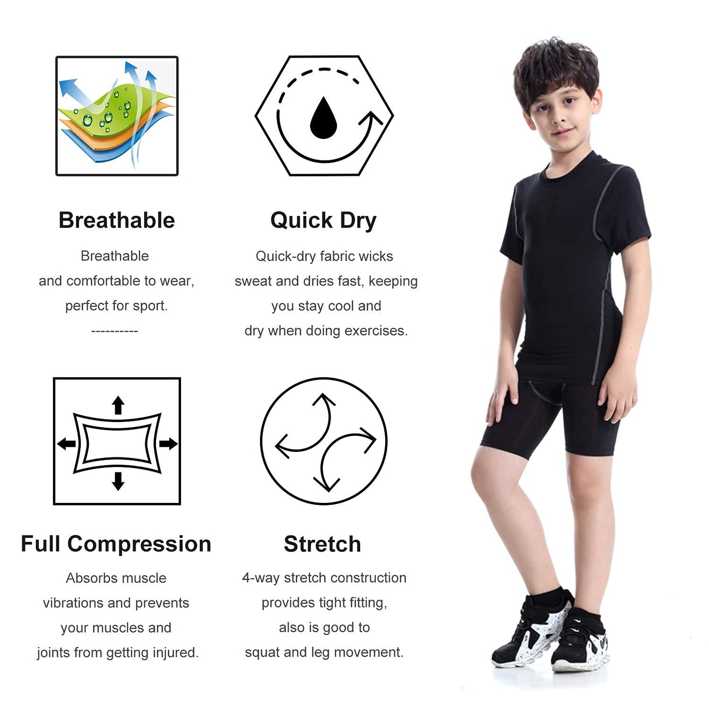 Boys Compression Baselayer Top Unisex Short Sleeve Under Shirt LANBAOSI