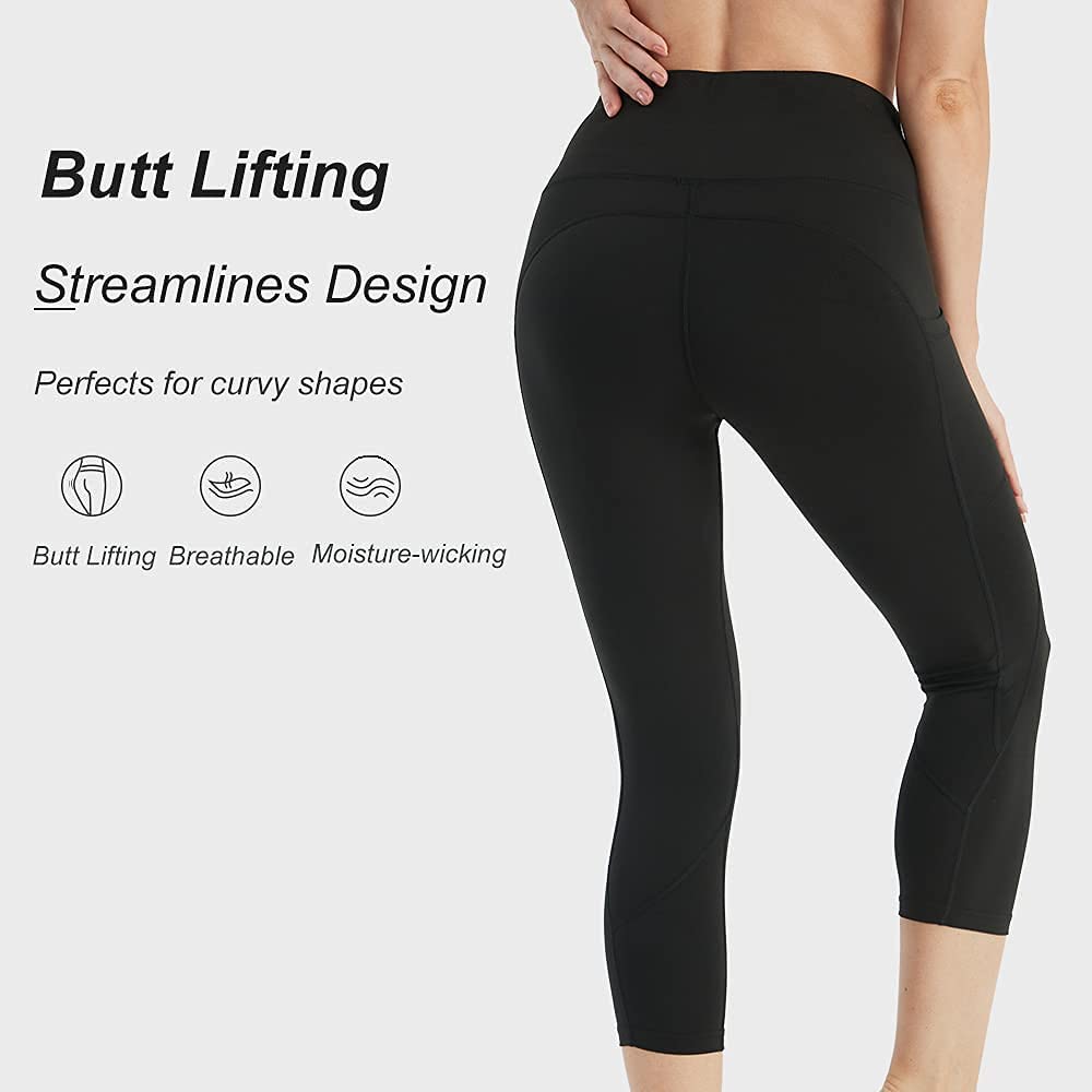 High Waisted Yoga Capri Leggings for Women with Pockets Soft Slim Tummy Control Female Exercise Pants for Running Cycling Yoga Workout LANBAOSI