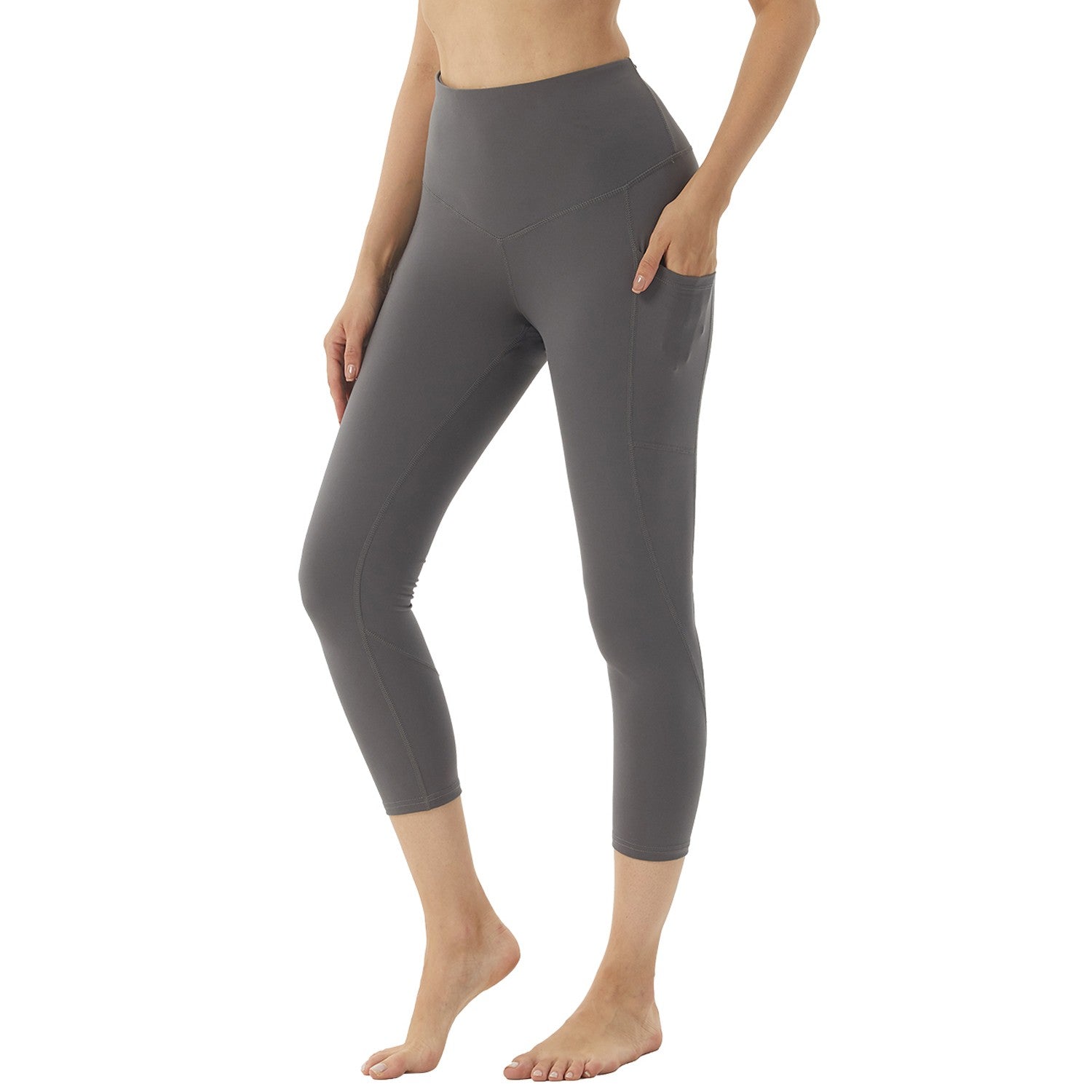 OUYISHANG Women's Shiny 7/8 Yoga Pants with Pockets High Waisted Workout  Running Capri Leggings L 