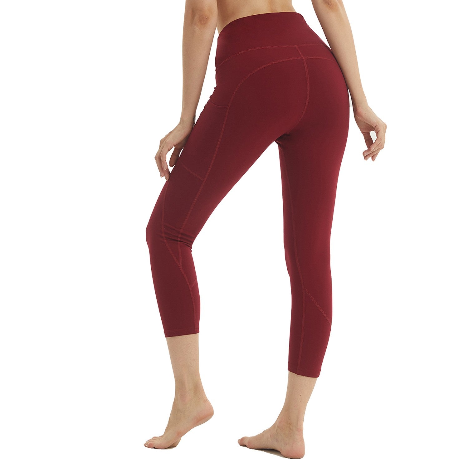LifeSky Yoga Pants 2 Pocket High Waisted Tummy Control Burgundy Capri  Leggings 