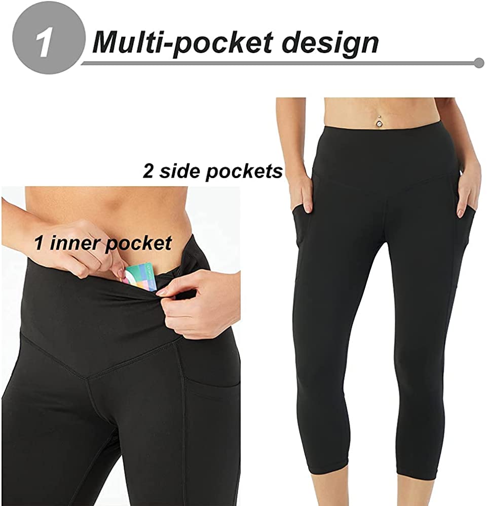 High Waisted Yoga Capri Leggings for Women with Pockets Soft Slim Tummy Control Female Exercise Pants for Running Cycling Yoga Workout LANBAOSI