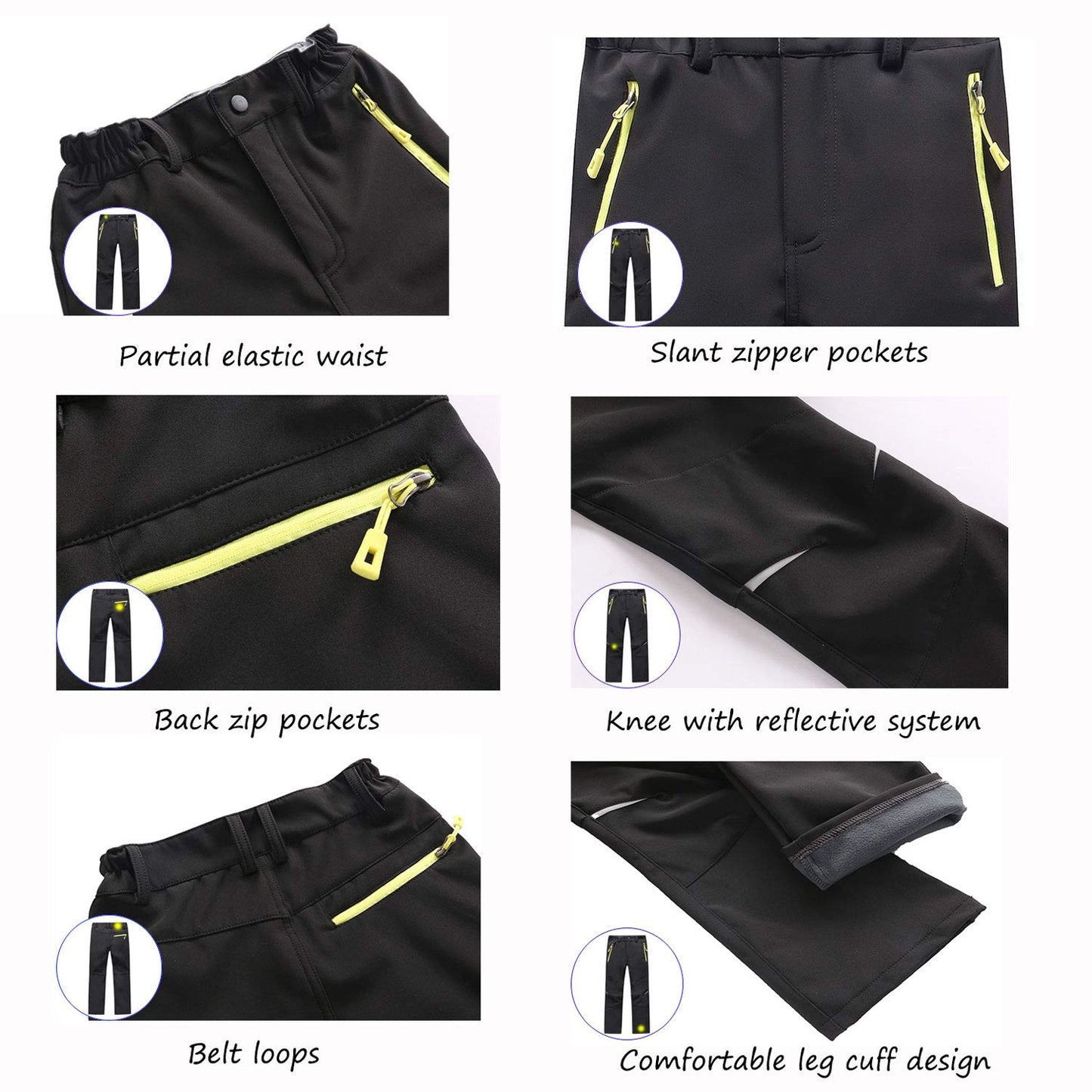 Kids Boys Girls Waterproof Outdoor Hiking Pants Warm Fleece Lined Unisex Snow Sking Bottoms LANBAOSI