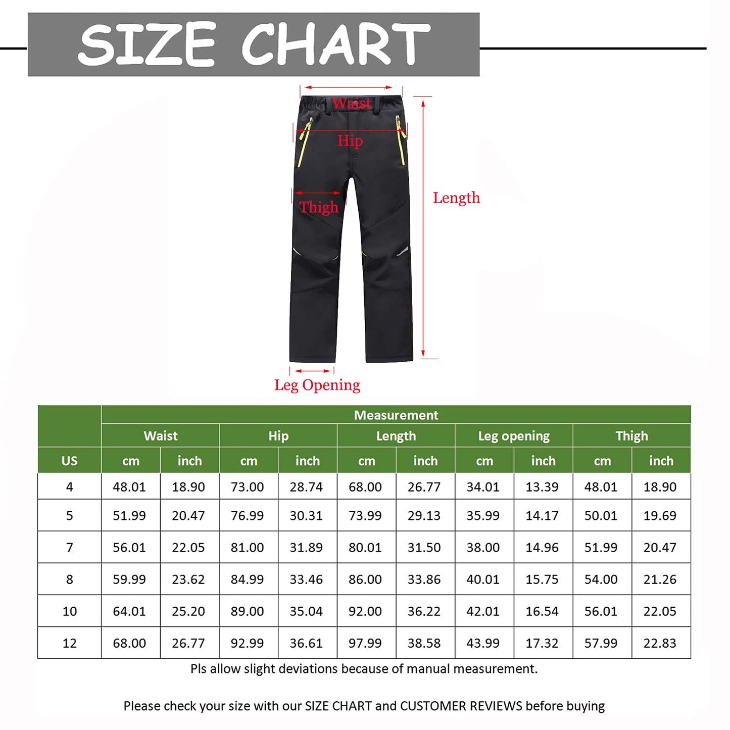 Kids Boys Girls Waterproof Outdoor Hiking Pants Warm Fleece Lined Unisex Snow Sking Bottoms LANBAOSI