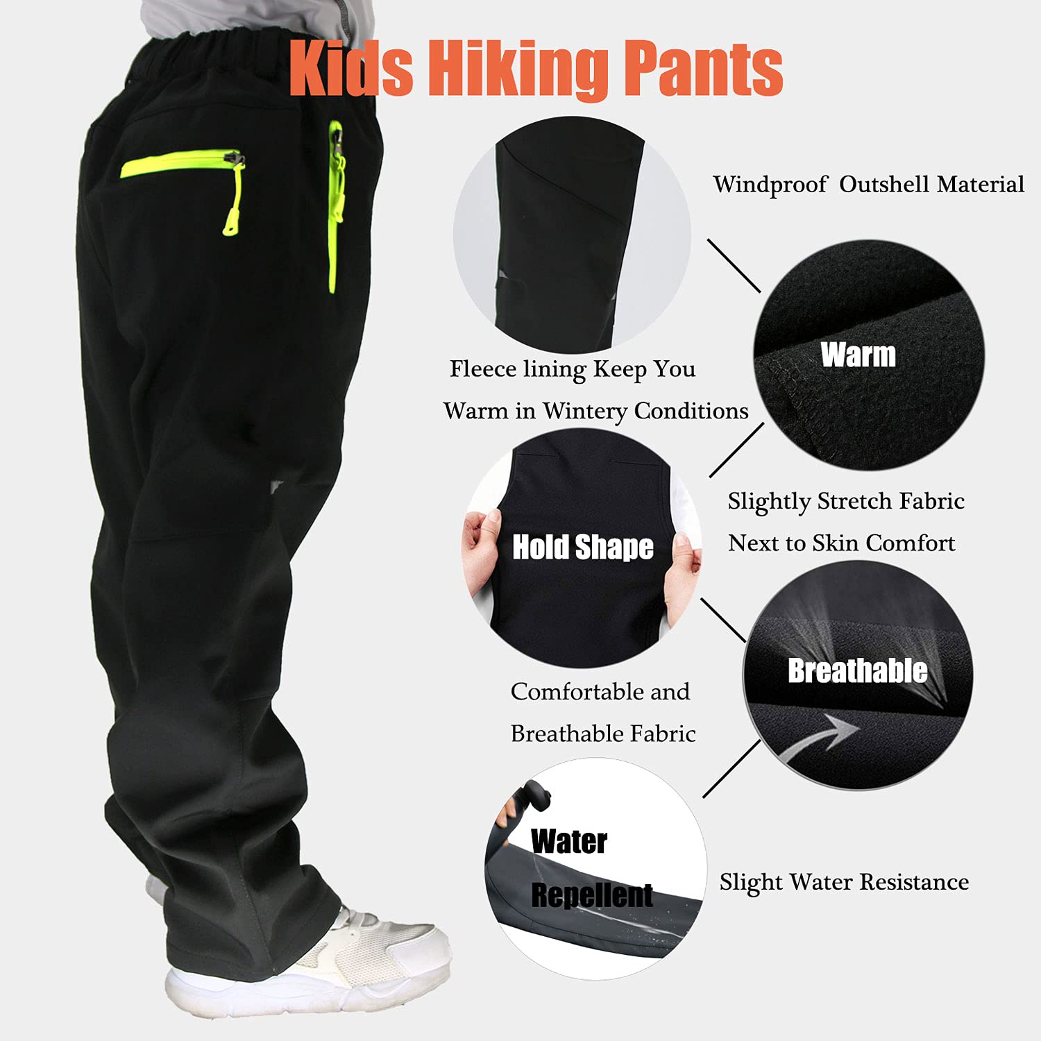 Kids Boys Girls Waterproof Outdoor Hiking Pants Warm Fleece Lined Unisex Snow Sking Bottoms LANBAOSI