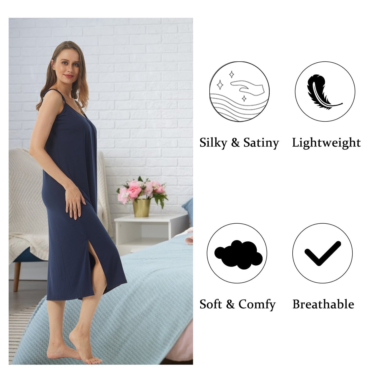 LANBAOSI Women Dresses Nightgowns Sleeveless Sleepshirt Long Side Split Sleepdress Female Slip Nightshirt Comfy V Neck Sleepwear Loungewear LANBAOSI