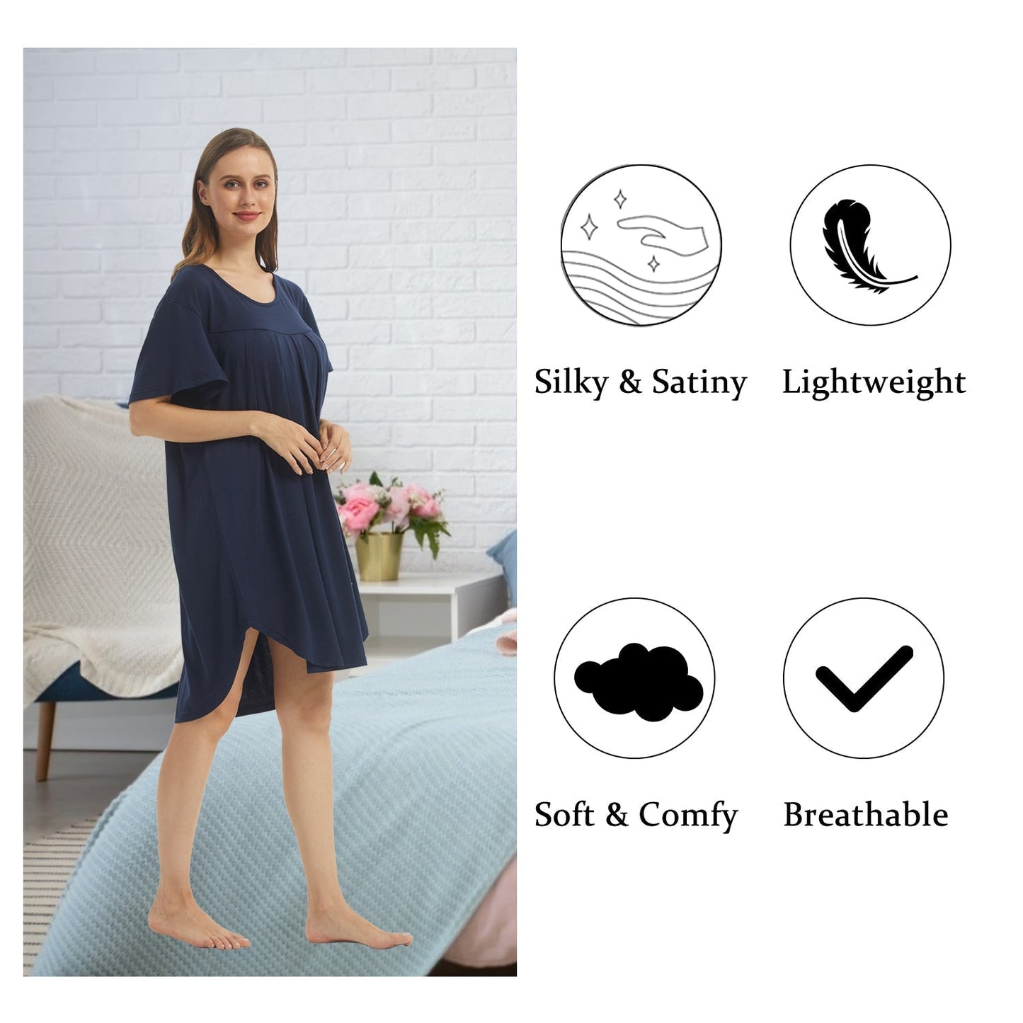 LANBAOSI Women's Dresses Soft Short Sleeve Comfy Pleated Nightshirt O-Neck Nightdress Swing Sleep Dress LANBAOSI