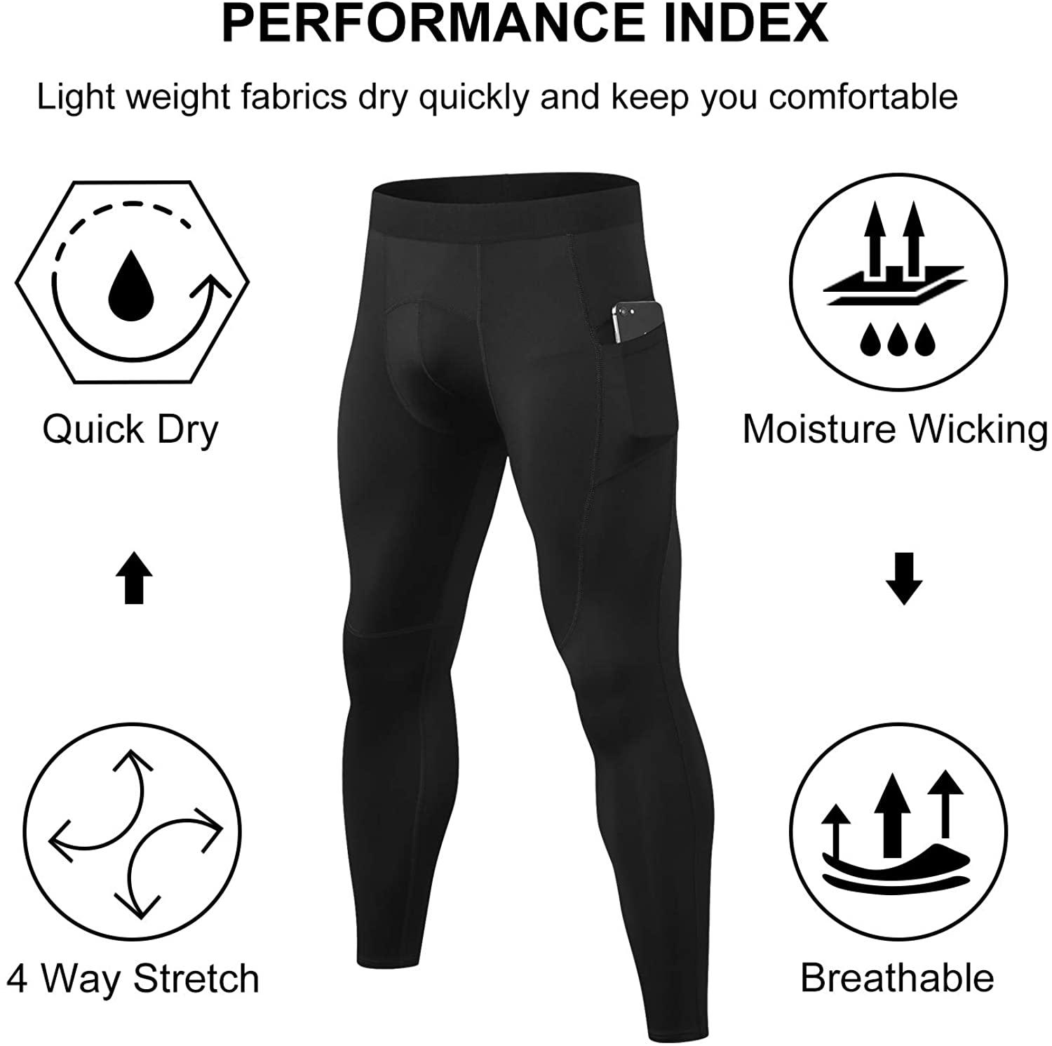 Men's Compression Baselayer Pants Running Tights Trousers with Phone Pocket