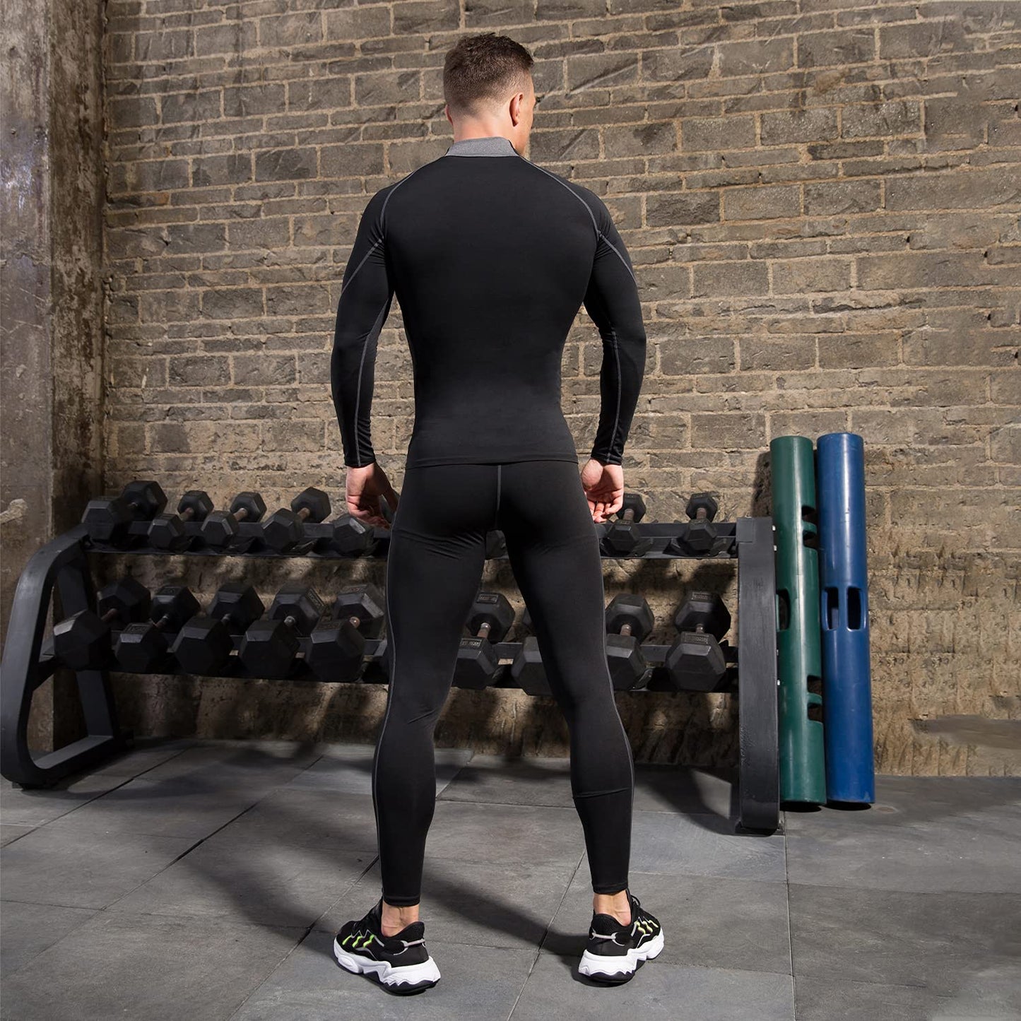 Men Workout Set Compression Shirt and Pants Male Sports Tight Base Layer Suit LANBAOSI