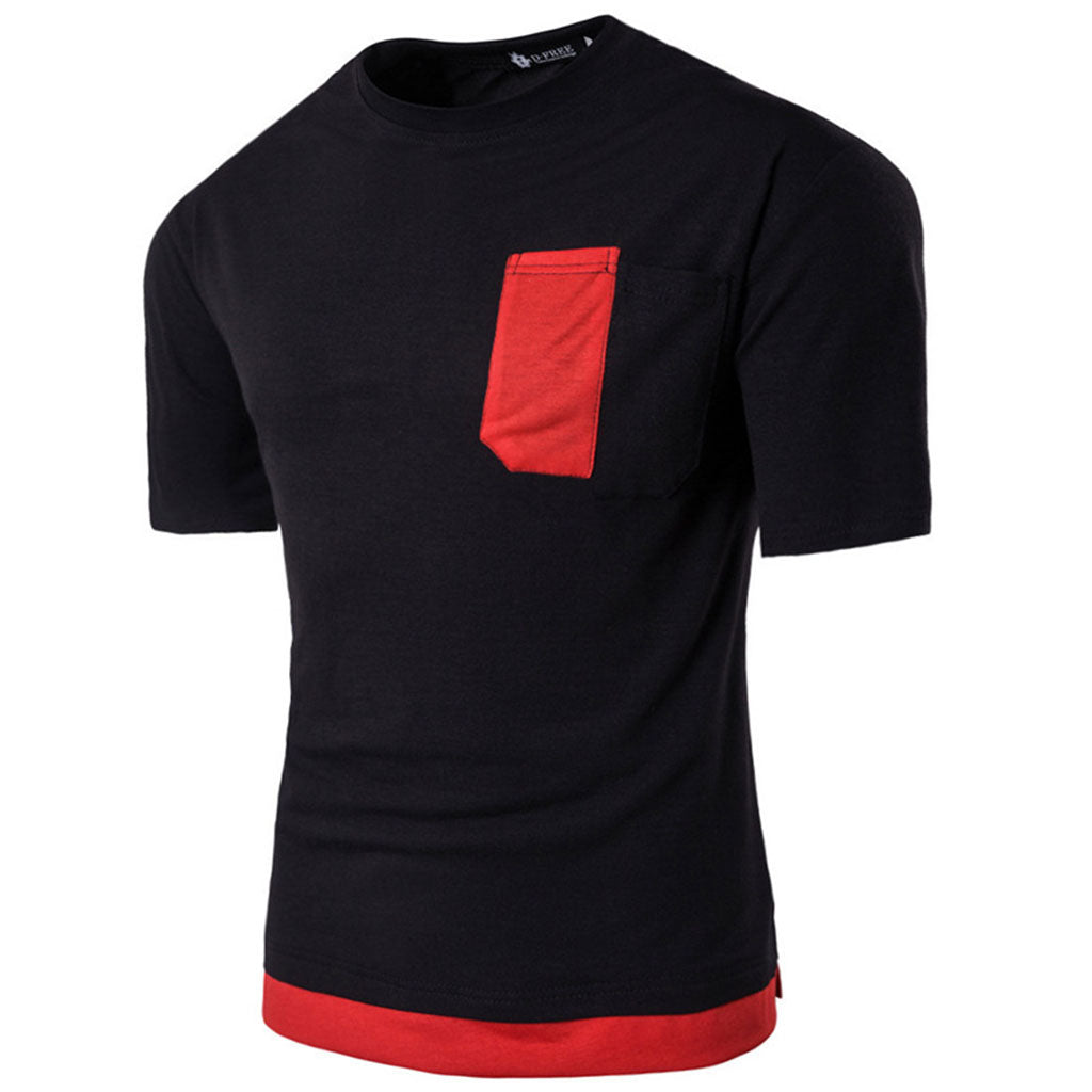 Men's Color Block Short Sleeve Crew Neck T-Shirt with Chest Pockets LANBAOSI