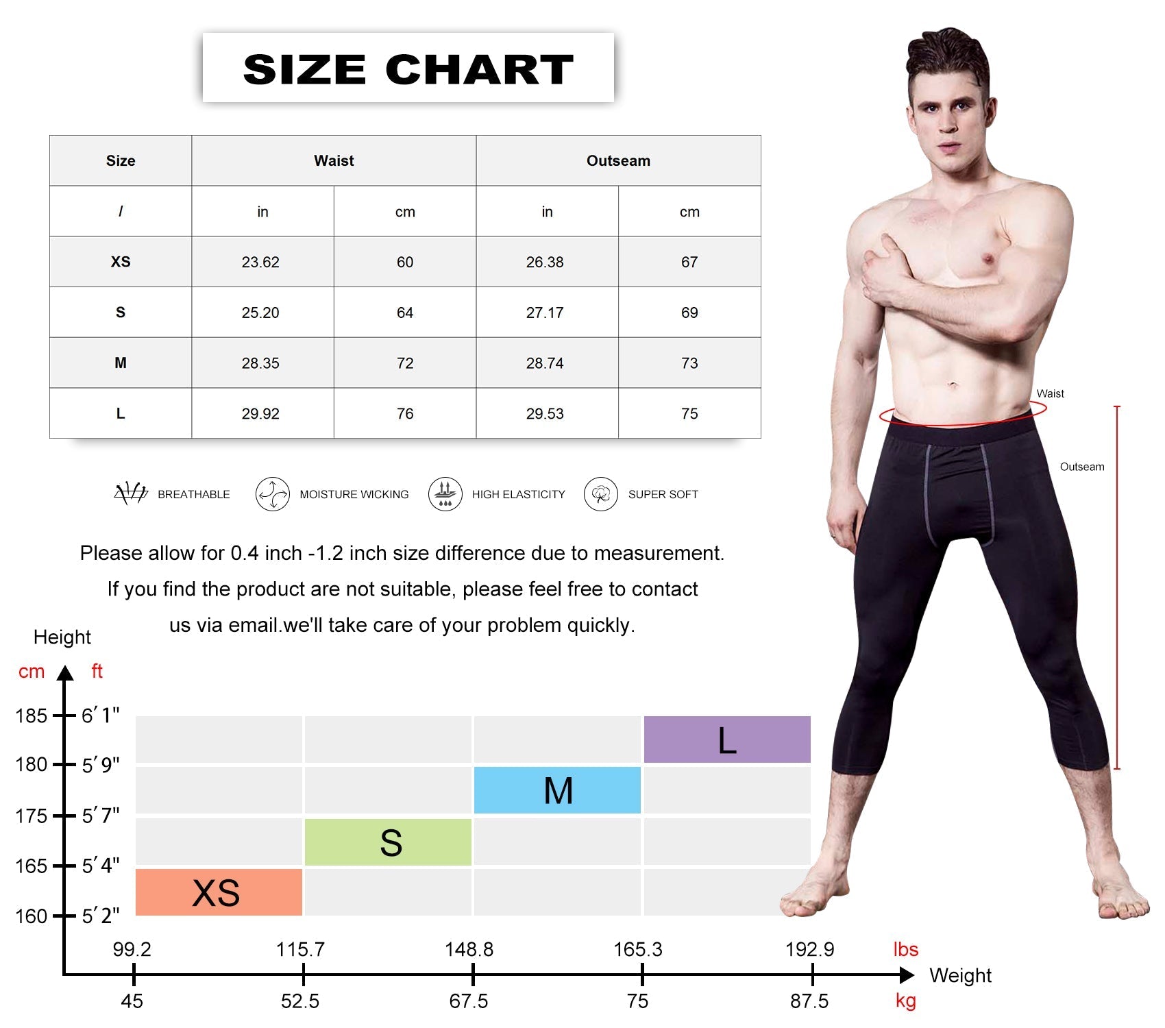 Mens 3/4 Compression Leggings Capri Running Tights Football Pants Yoga Gym Baselayer for Workout Training LANBAOSI