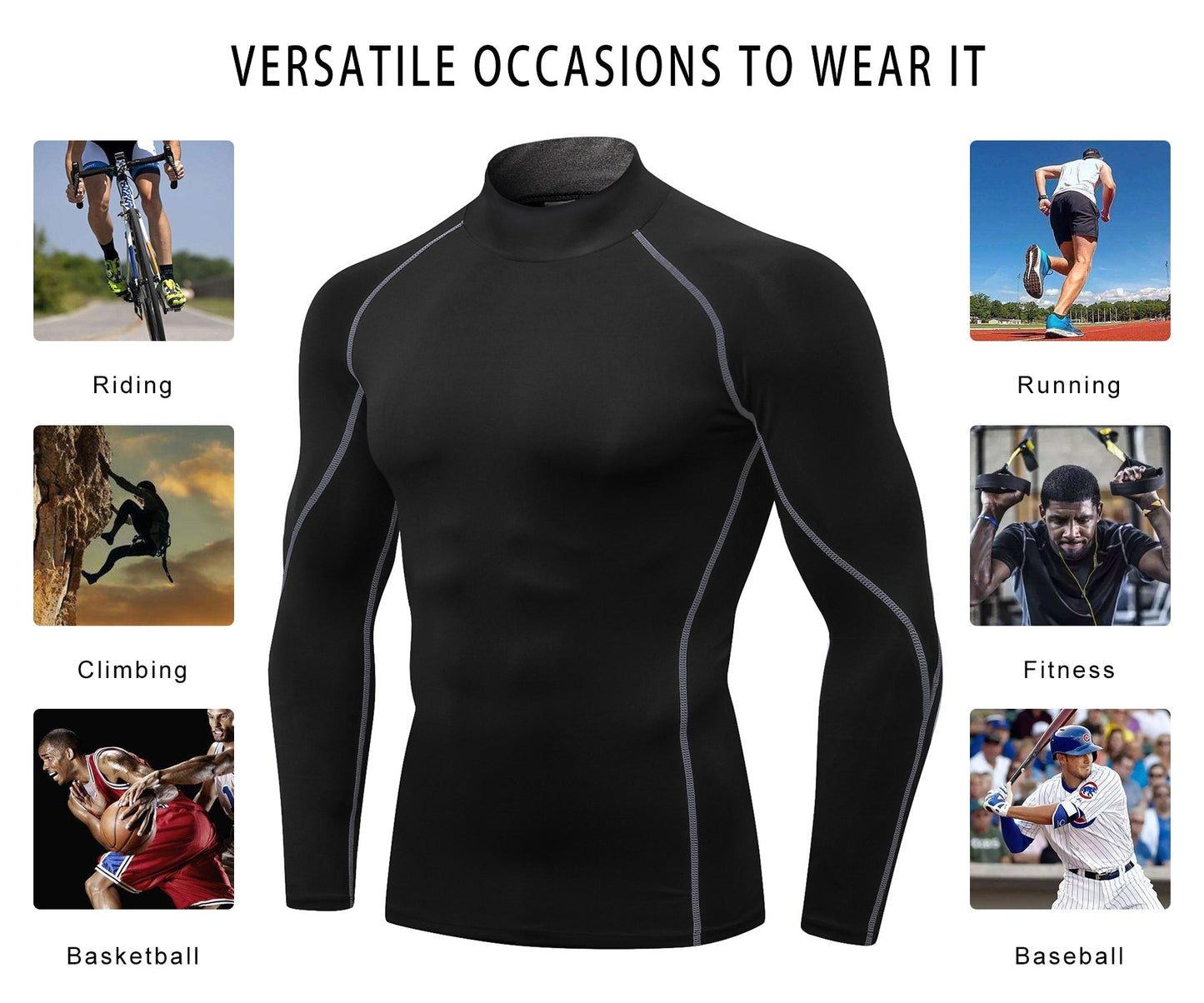 Mens Compression Long Sleeve Shirts Thermal Mock Neck Winter Pullover Running Under Baselayer Tops Workout UnderShirt LANBAOSI