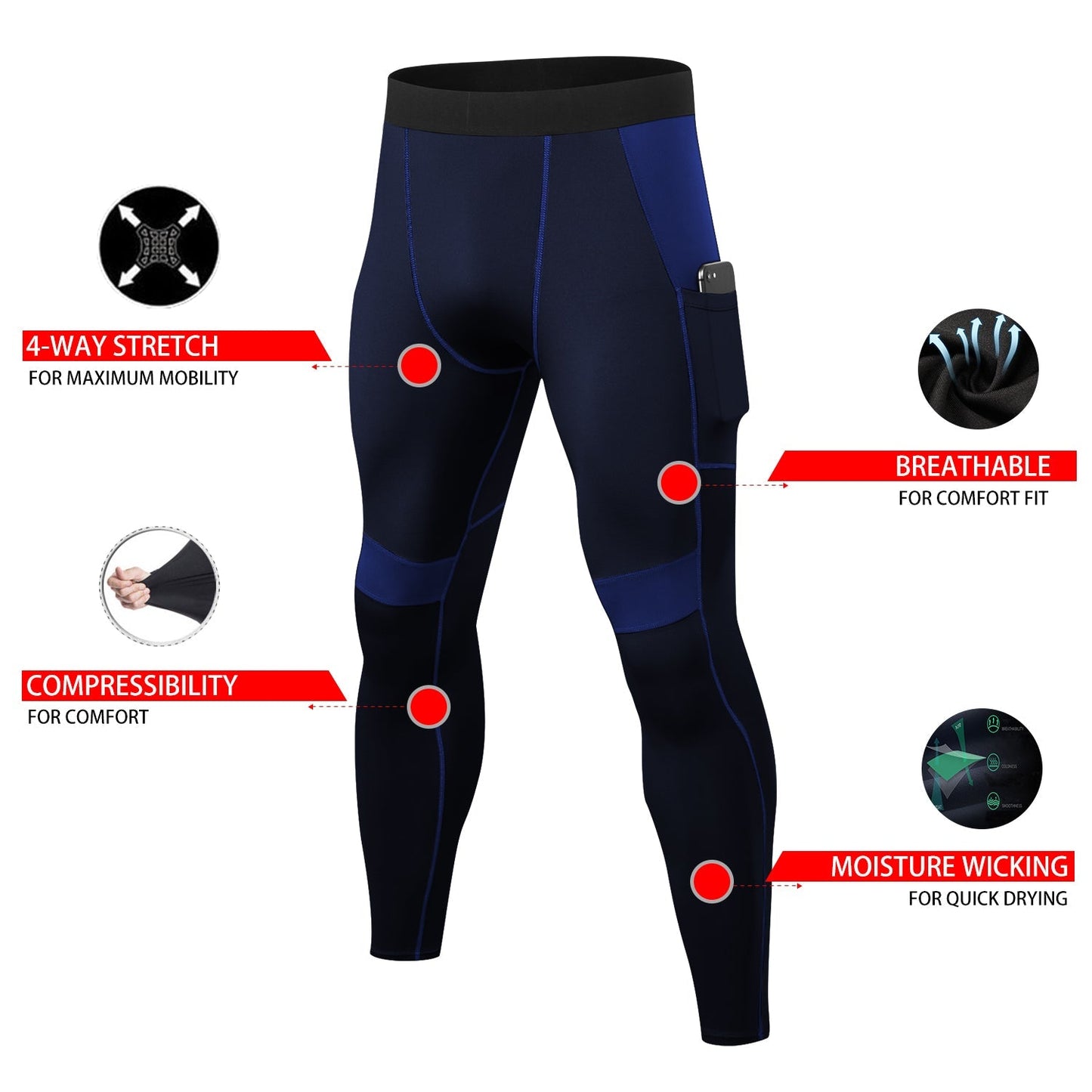 Mens Compression Pants Running Tights Workout Leggings Quick-Dry Baselayer Waist Elsatic Splice Underwear with Pocket LANBAOSI