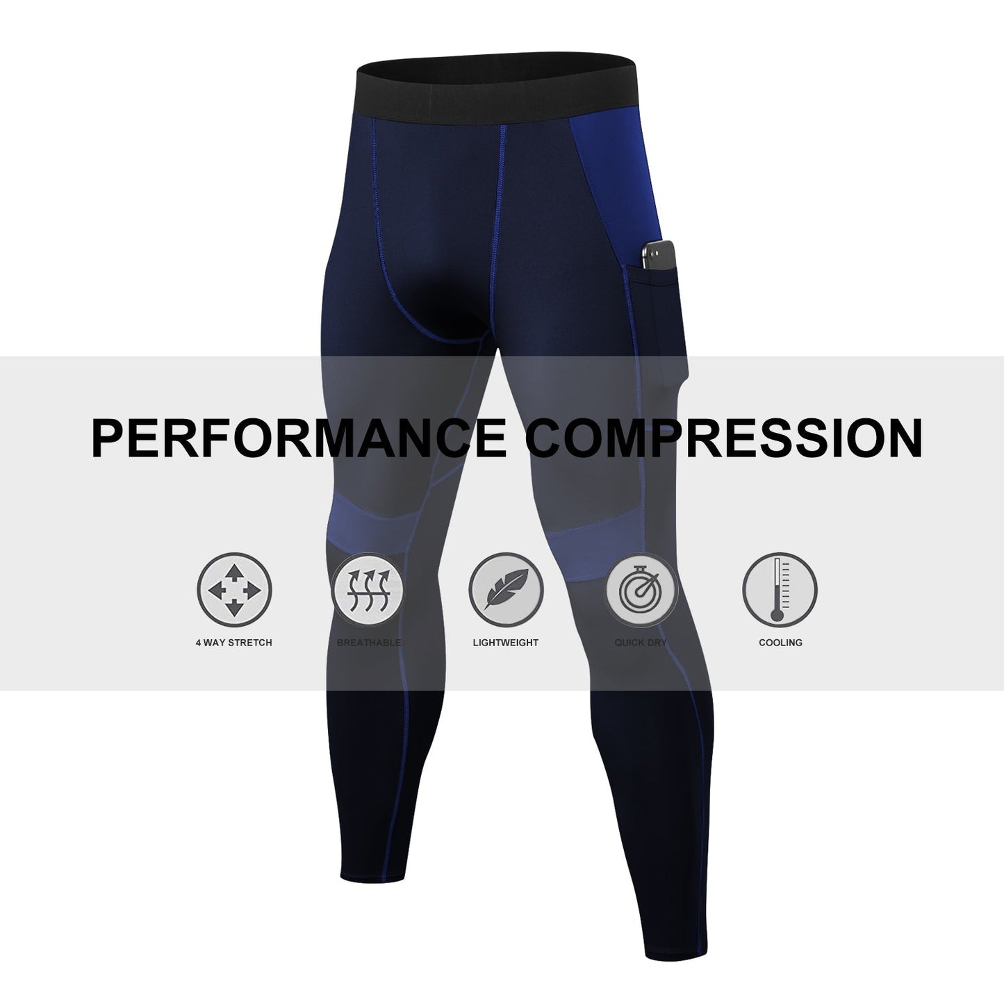 Mens Compression Pants Running Tights Workout Leggings Quick-Dry Baselayer Waist Elsatic Splice Underwear with Pocket LANBAOSI