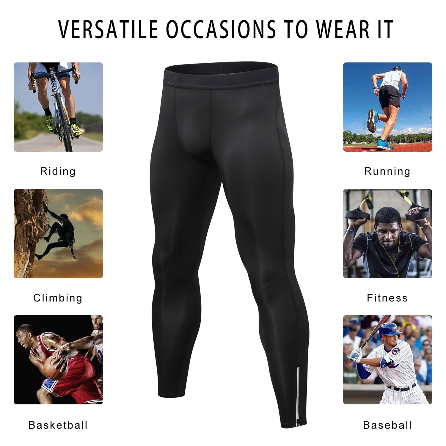 Mens Compression Pants Waist Elastic Ankle Zip Leggings Running Workout  Sports Yoga Tights Athletic Activewear Baselayer