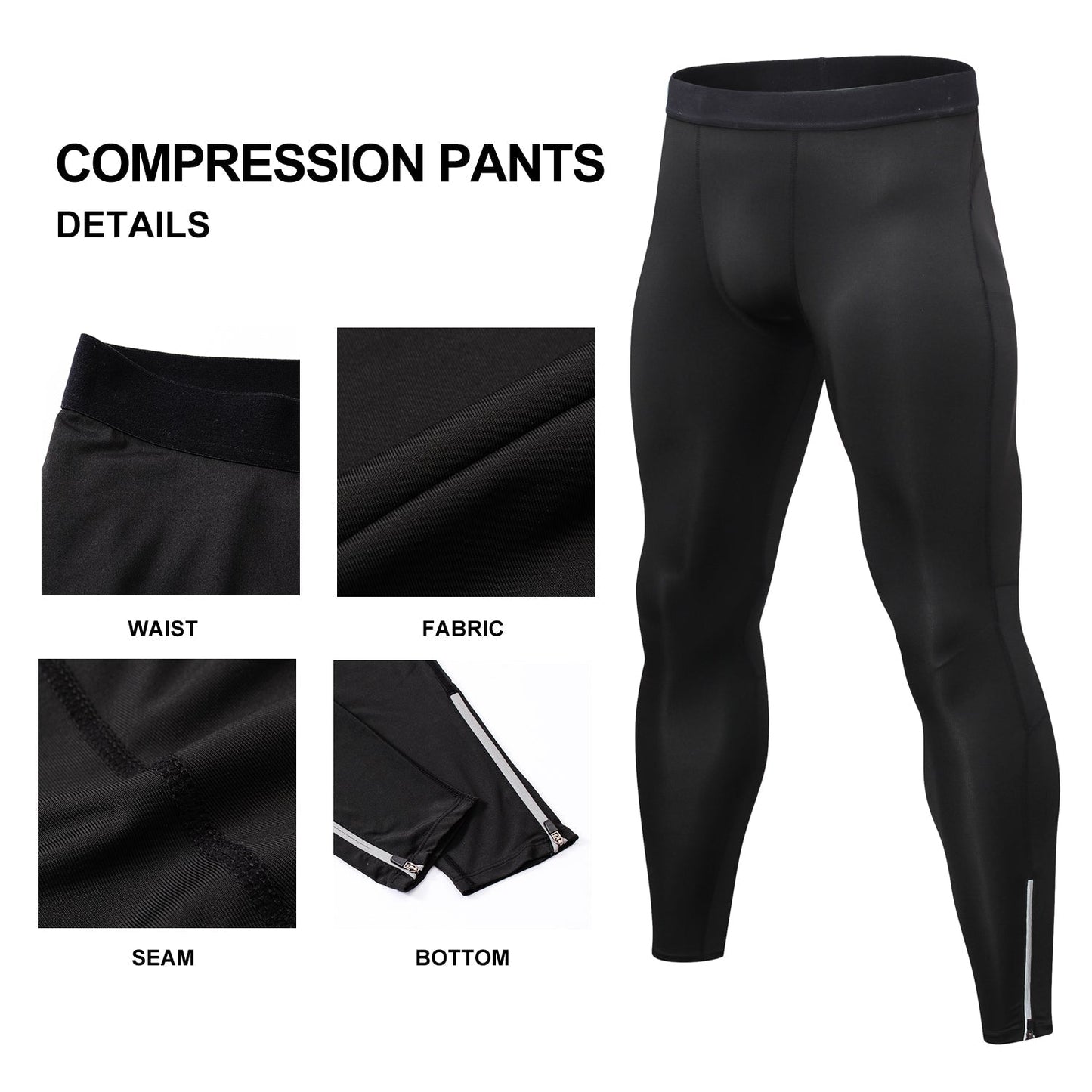 Mens Compression Pants Waist Elastic Ankle Zip Leggings Running Workout Sports Yoga Tights Athletic Activewear Baselayer LANBAOSI