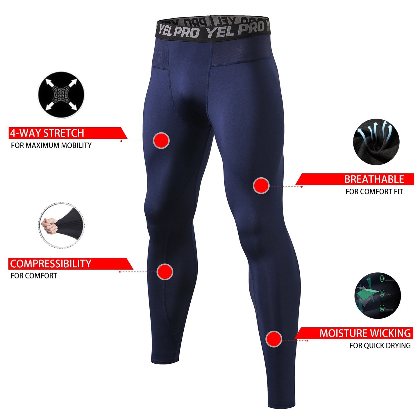 Mens Compression Pants Waist Elastic Running Workout Leggings Sports Yoga Tights Jogging Athletic Activewear Baselayer LANBAOSI