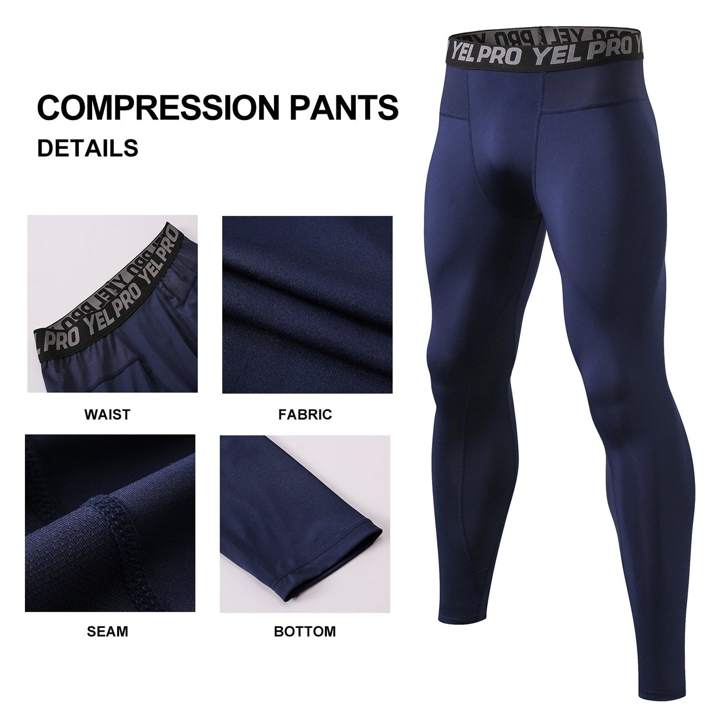 Mens Compression Pants Waist Elastic Running Workout Leggings Sports Yoga Tights Jogging Athletic Activewear Baselayer LANBAOSI