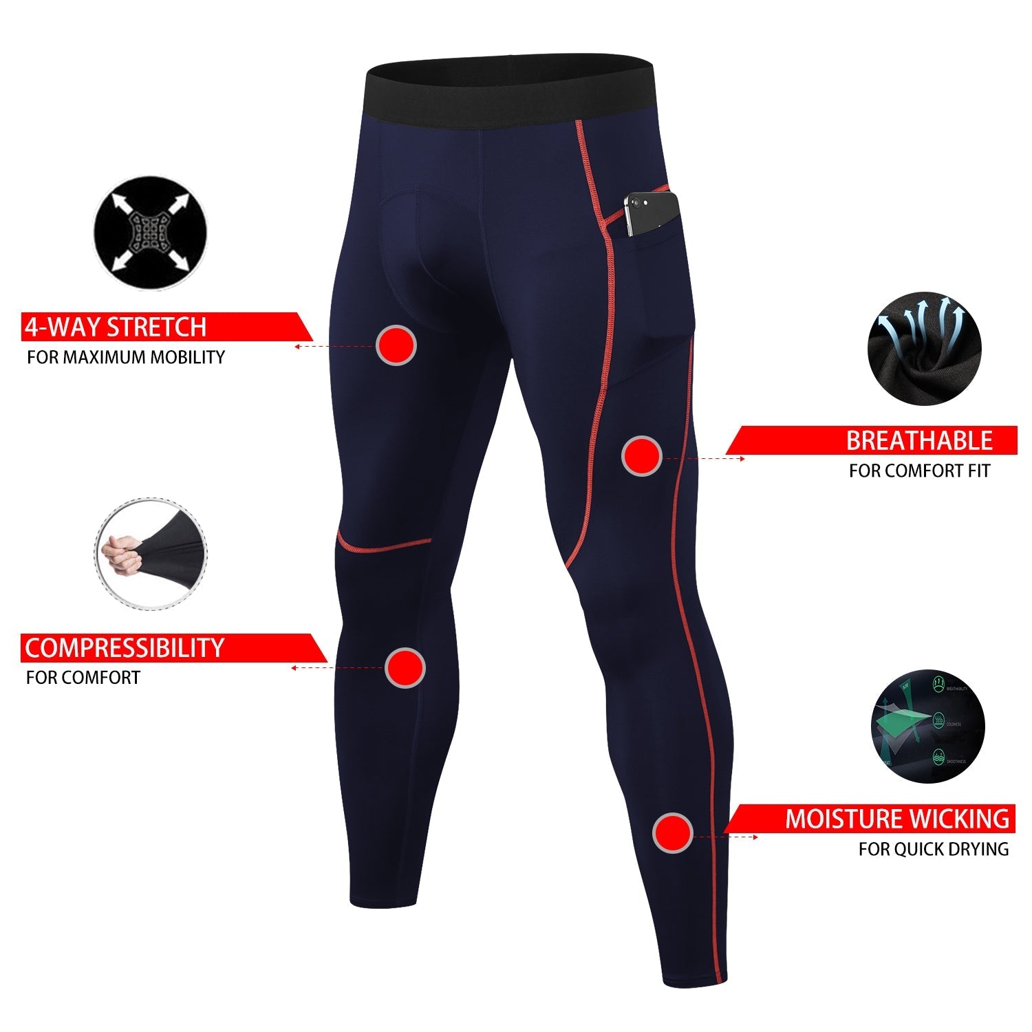 Mens Compression Pants with Pocket Cool Dry Baselayer Workout Running Gym Leggings Sports Athletic Active Yoga Tights LANBAOSI