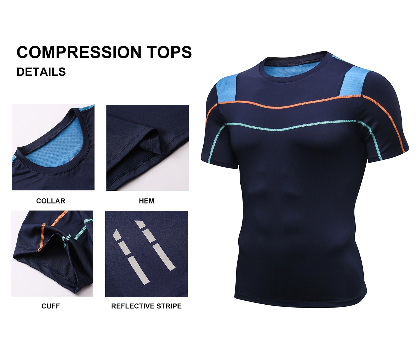 Mens Compression Short Sleeve Shirts Sports Workout Athletic Active Baselayer Tops Splice Stretch Performance T-shirt LANBAOSI