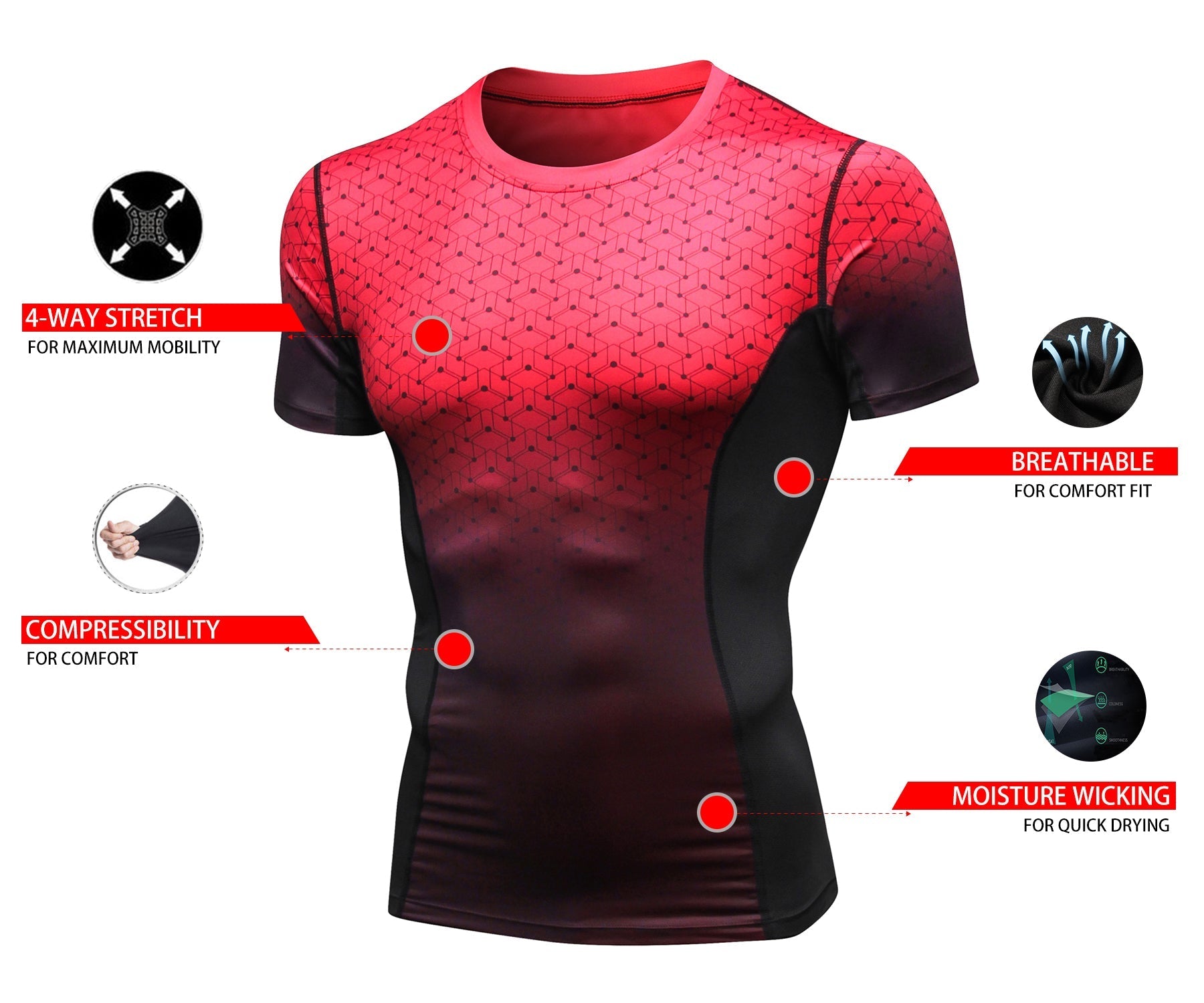 Mens Compression T-shirt Sports Workout Short Sleeve Shirts Grid Quick Dry Athletic Tops Fitness Active Gym Baselayer LANBAOSI
