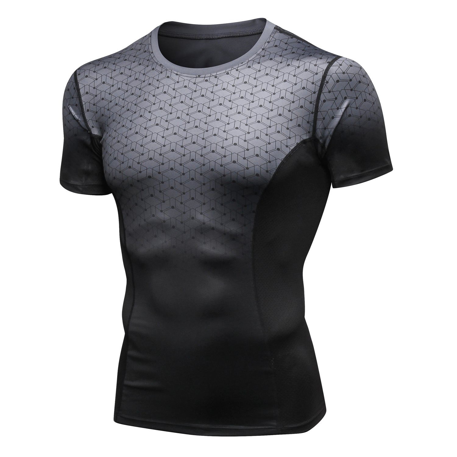 Mens Compression T-shirt Sports Workout Short Sleeve Shirts Grid Quick Dry Athletic Tops Fitness Active Gym Baselayer LANBAOSI