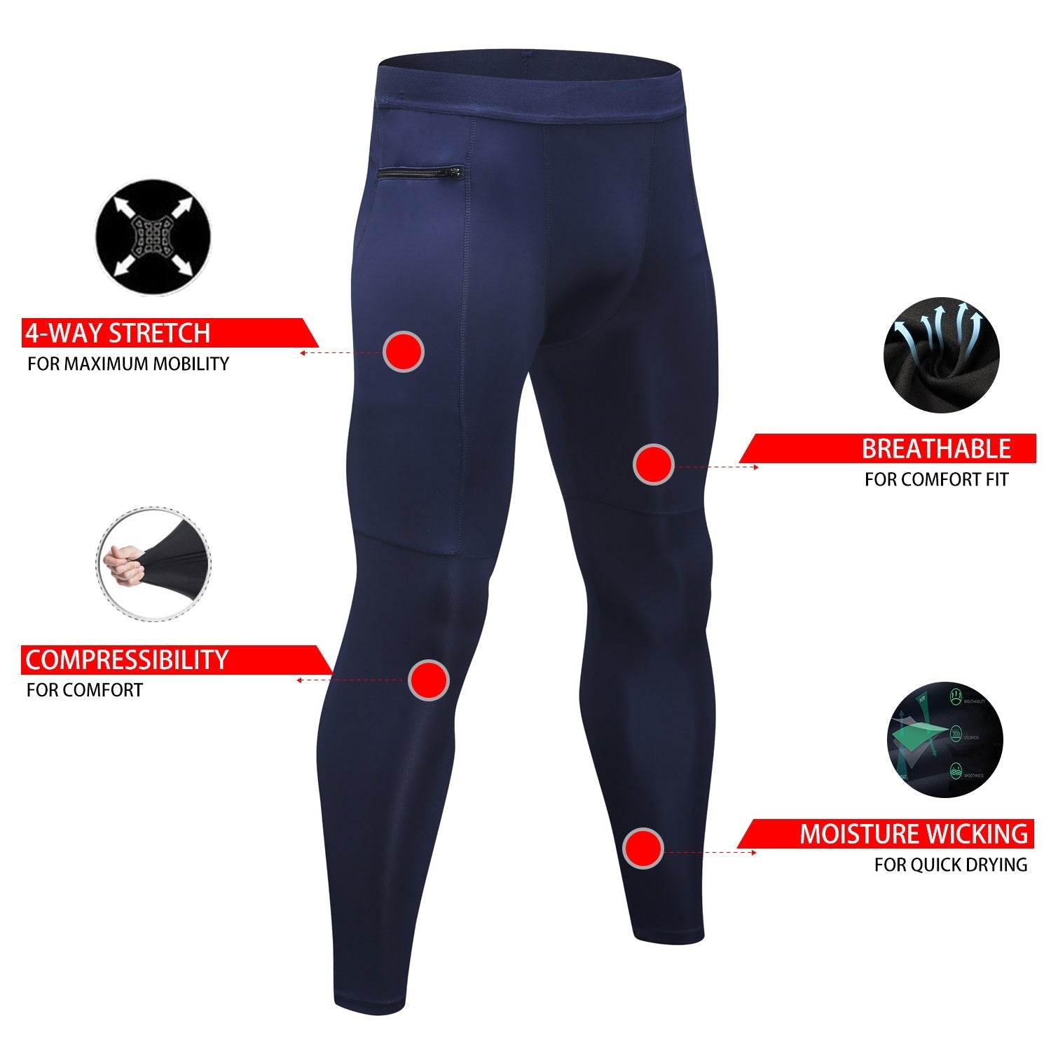 Mens Comprssion Pants with Pocket Workout Clothes Gym Fitness