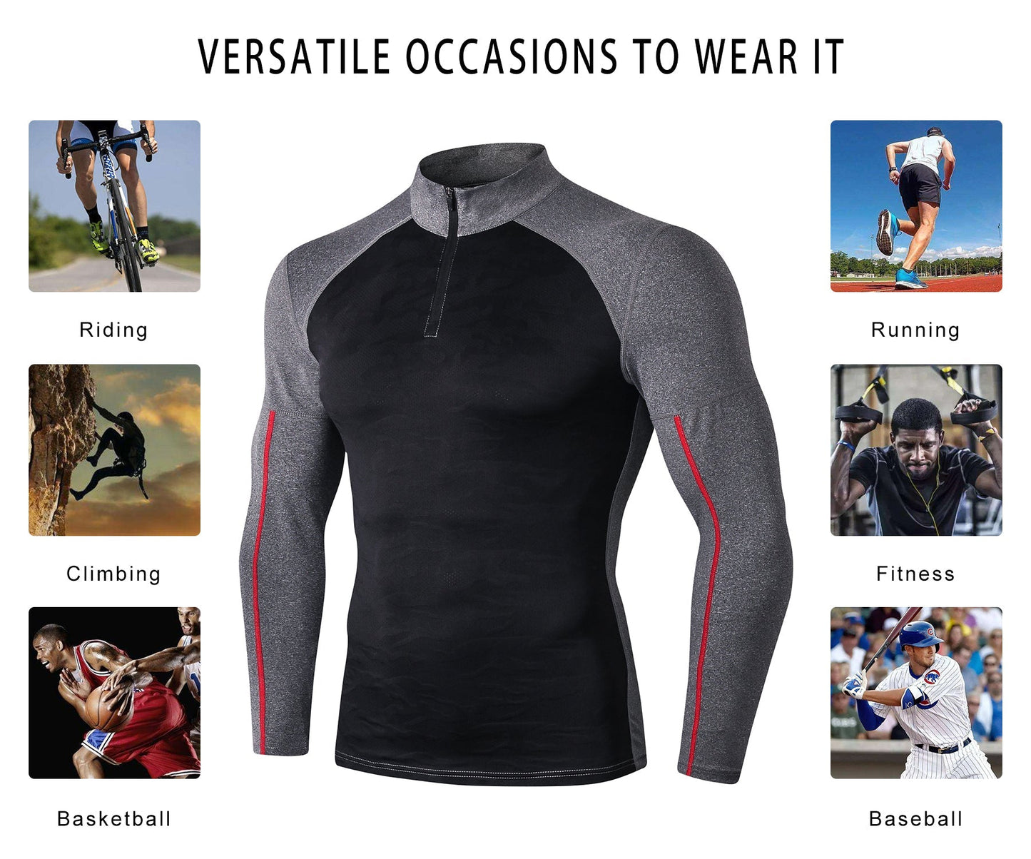 Mens Long Sleeve Compression Shirts Quarter Zip Pullover Workout Mock Neck Undershirt Running Gym Tops LANBAOSI