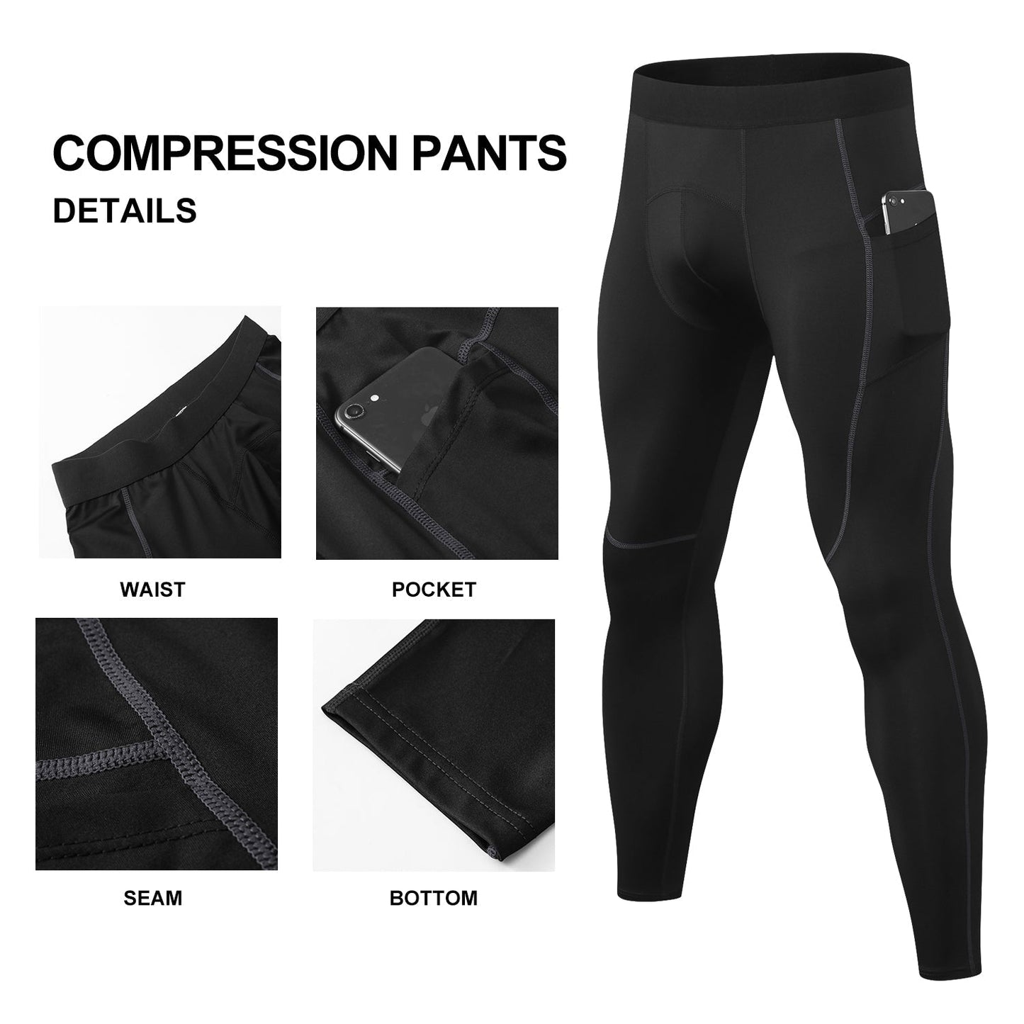 Mens Workout Compression Pants Running Tights with Phone Pockets Active leggings Quick Dry Base layer LANBAOSI