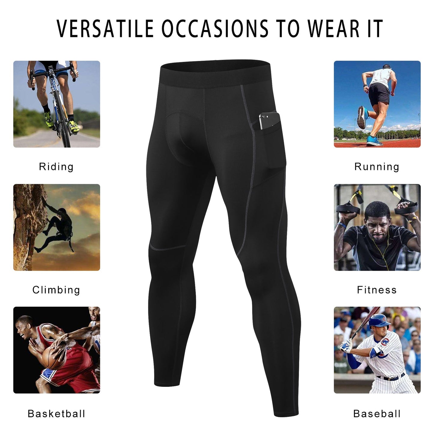 Mens Workout Compression Pants Running Tights with Phone Pockets Active leggings Quick Dry Base layer LANBAOSI