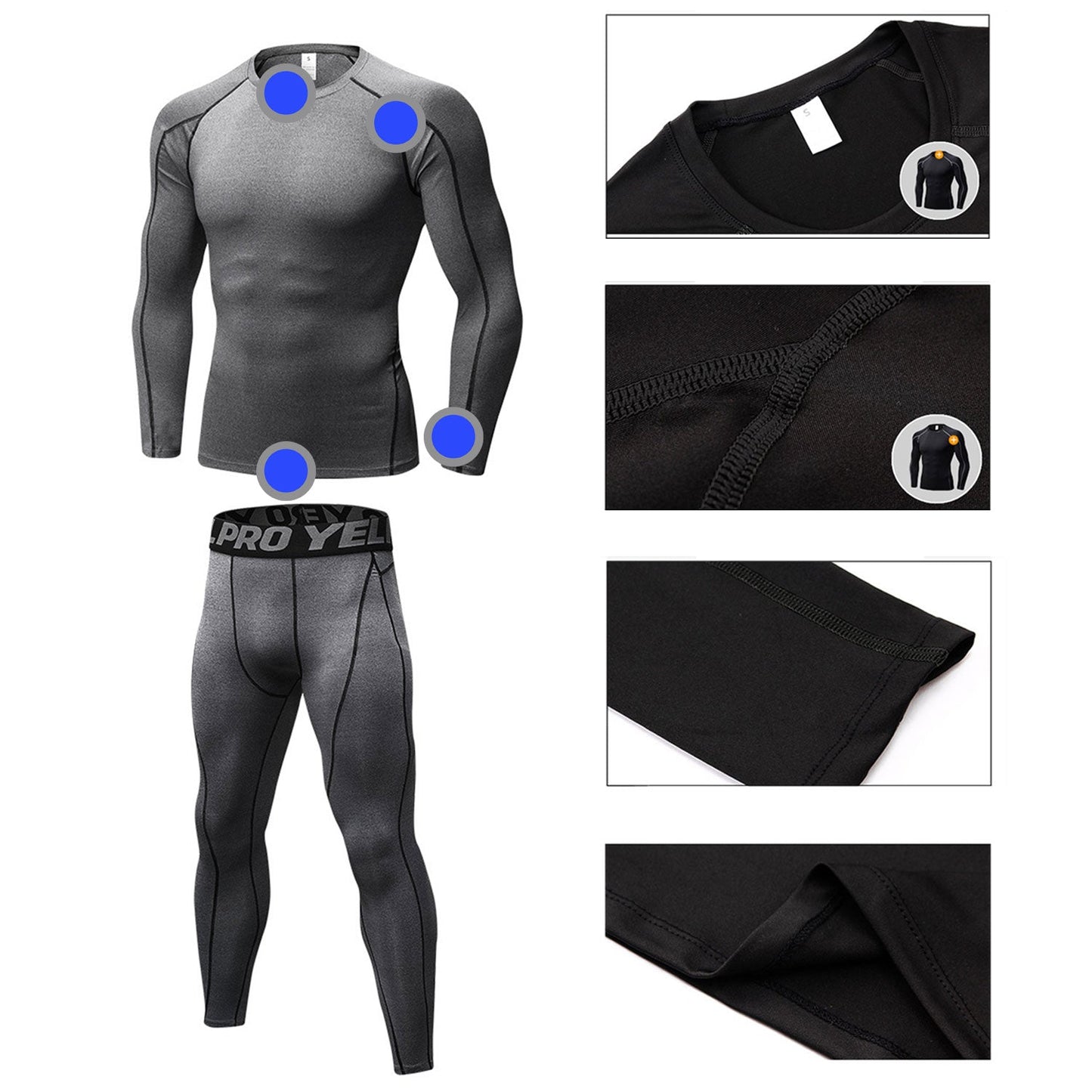 Mens Workout Compression Set Pants and Long Sleeve Shirts Base Layer LANBAOSI