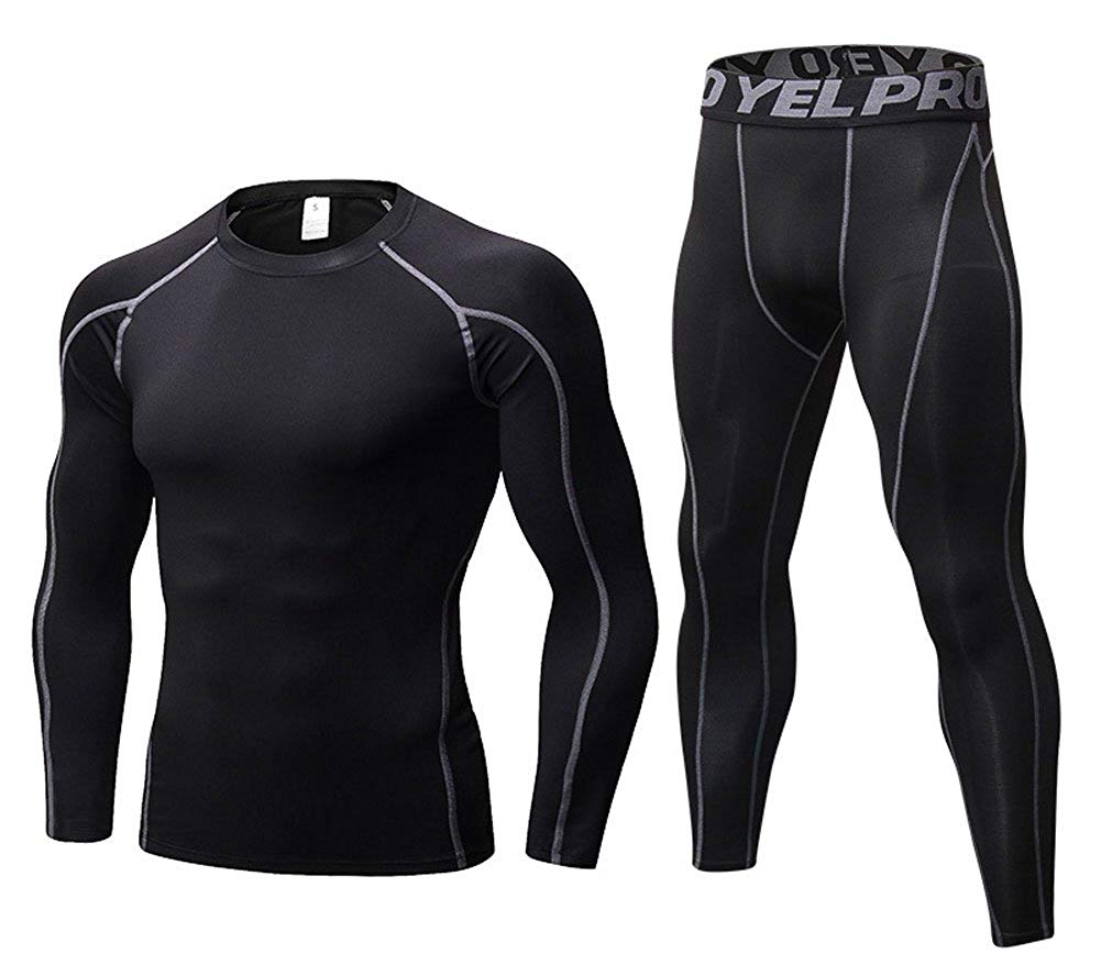 Mens Workout Compression Set Pants and Long Sleeve Shirts Base Layer LANBAOSI