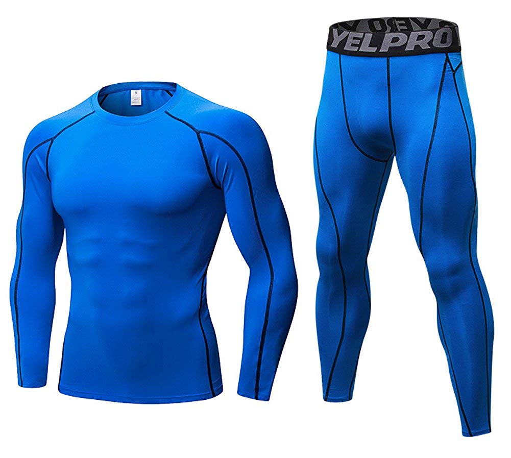 Mens Workout Compression Set Pants and Long Sleeve Shirts Base Layer LANBAOSI