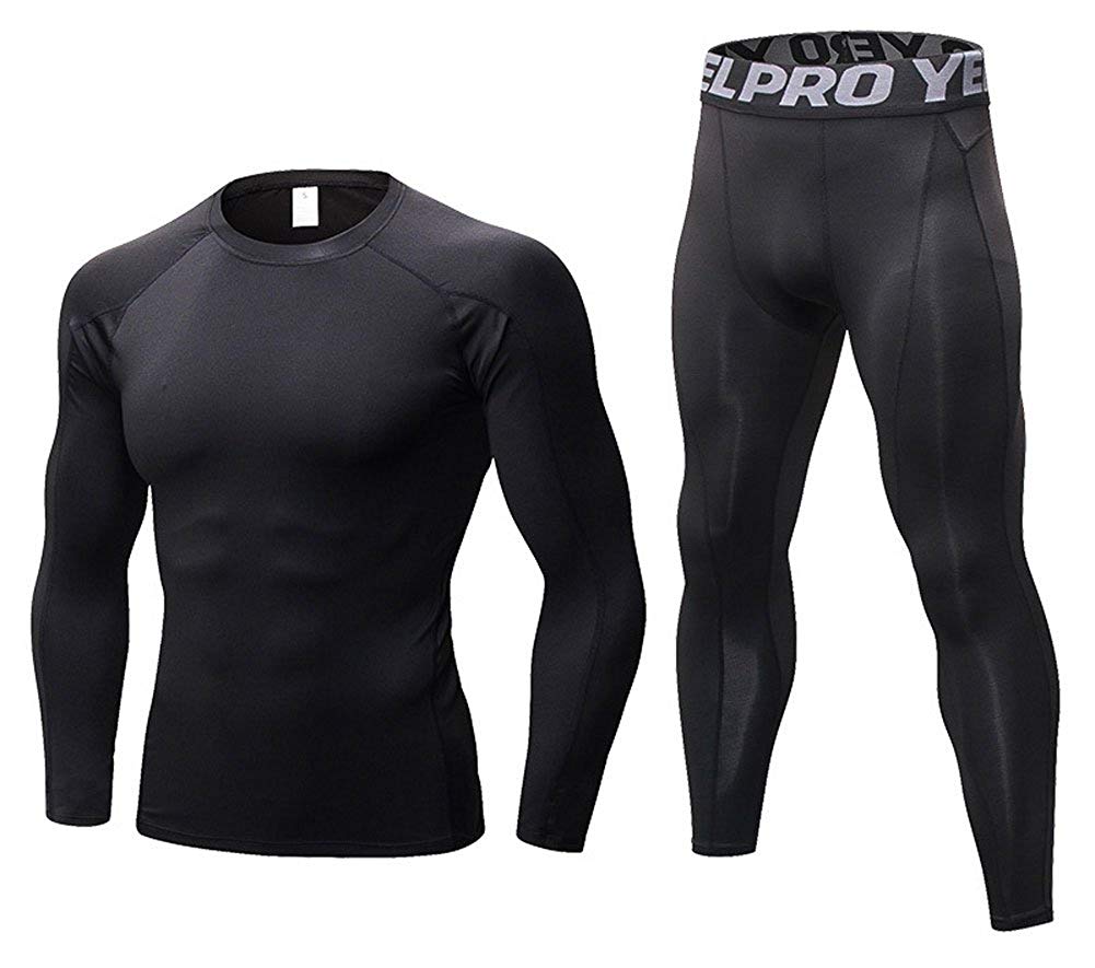 Mens Workout Compression Set Pants and Long Sleeve Shirts Base Layer LANBAOSI