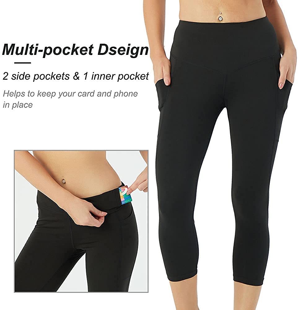 Women Yoga Pants High Waisted Crop Workout Running Leggings with Side Pocketed Female Tummy Control Yoga Capris LANBAOSI