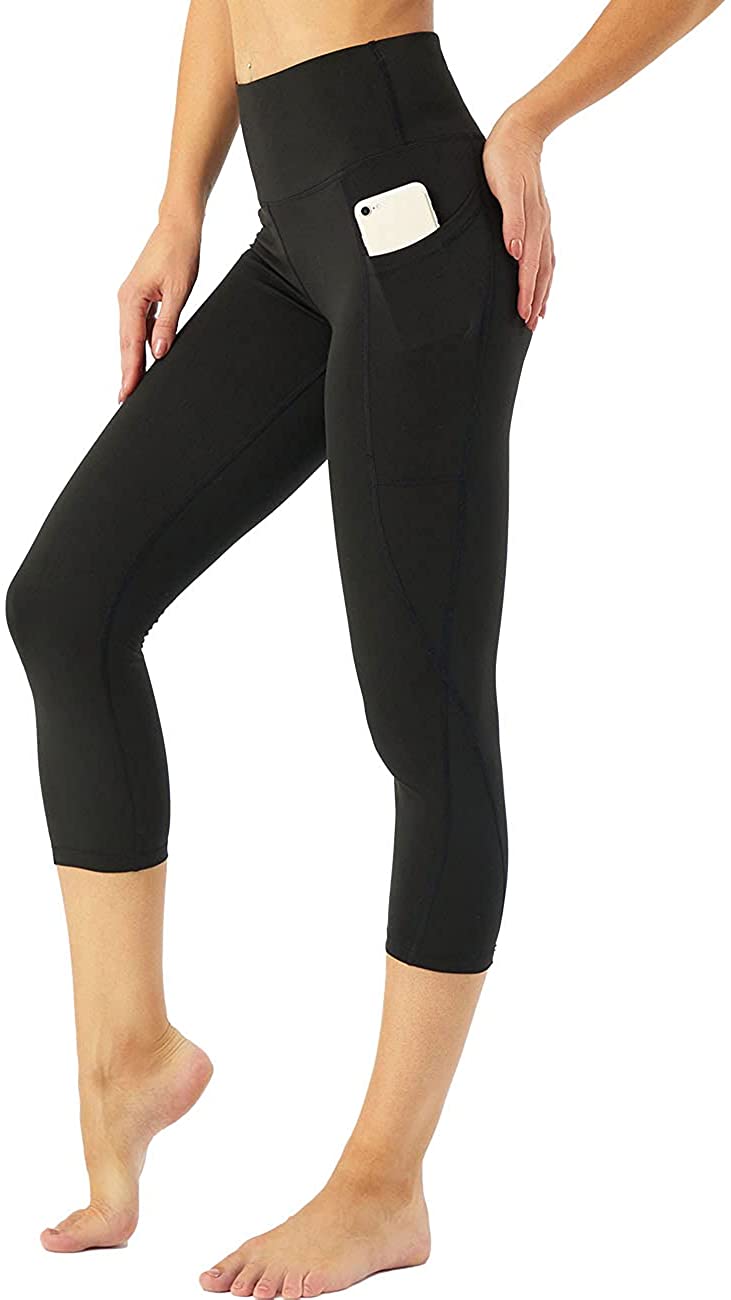 Women Yoga Pants High Waisted Crop Workout Running Leggings with Side Pocketed Female Tummy Control Yoga Capris LANBAOSI