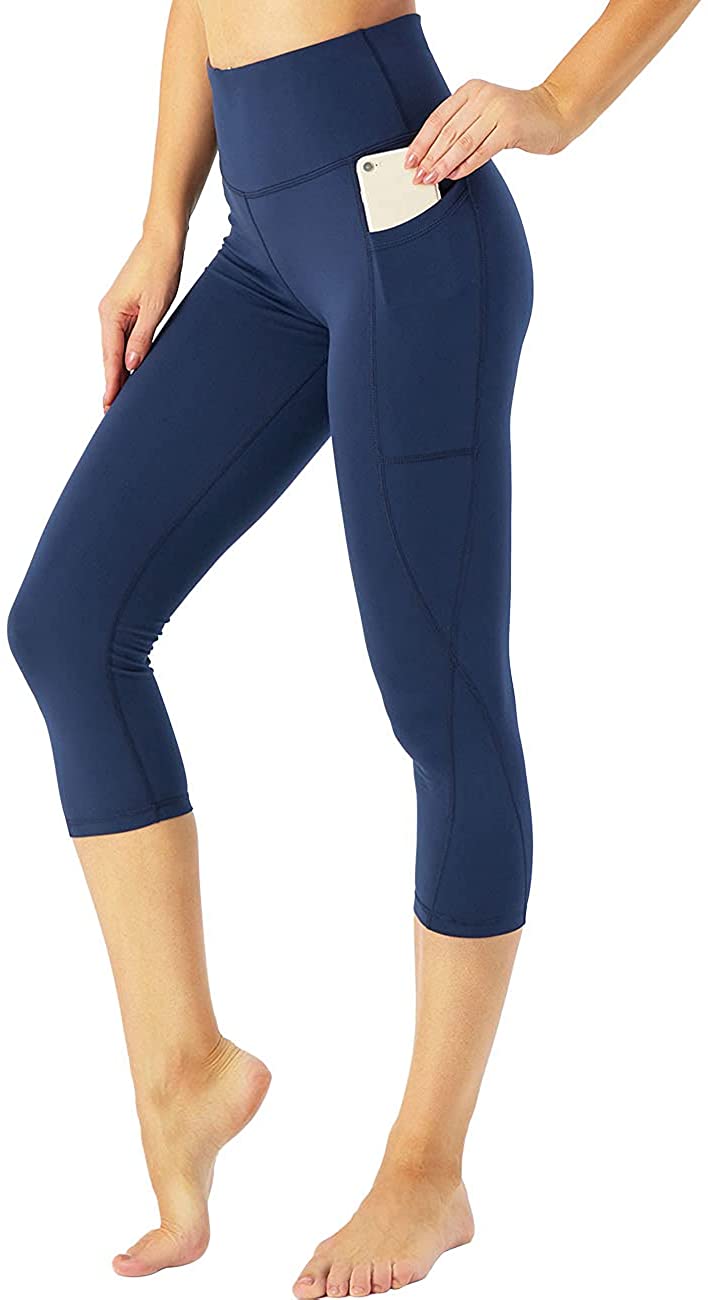 Women Yoga Pants High Waisted Crop Workout Running Leggings with Side Pocketed Female Tummy Control Yoga Capris LANBAOSI