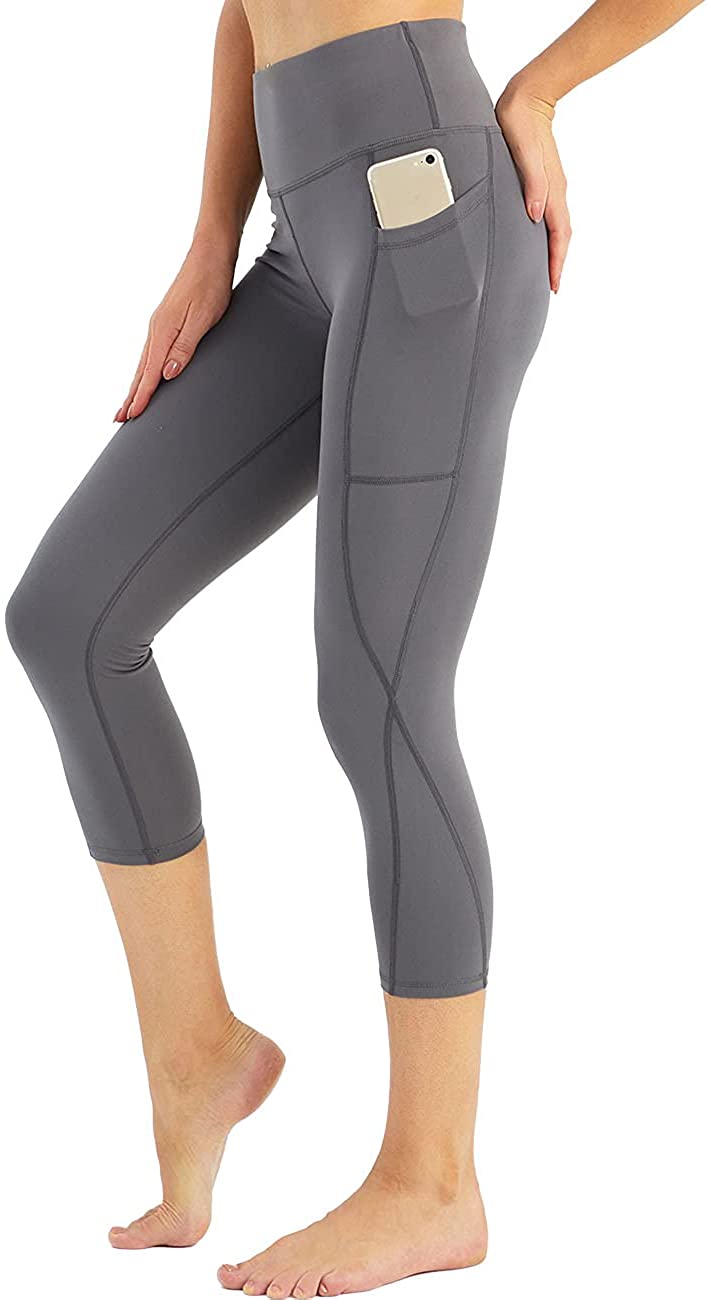 Women Yoga Pants High Waisted Crop Workout Running Leggings with Side Pocketed Female Tummy Control Yoga Capris LANBAOSI